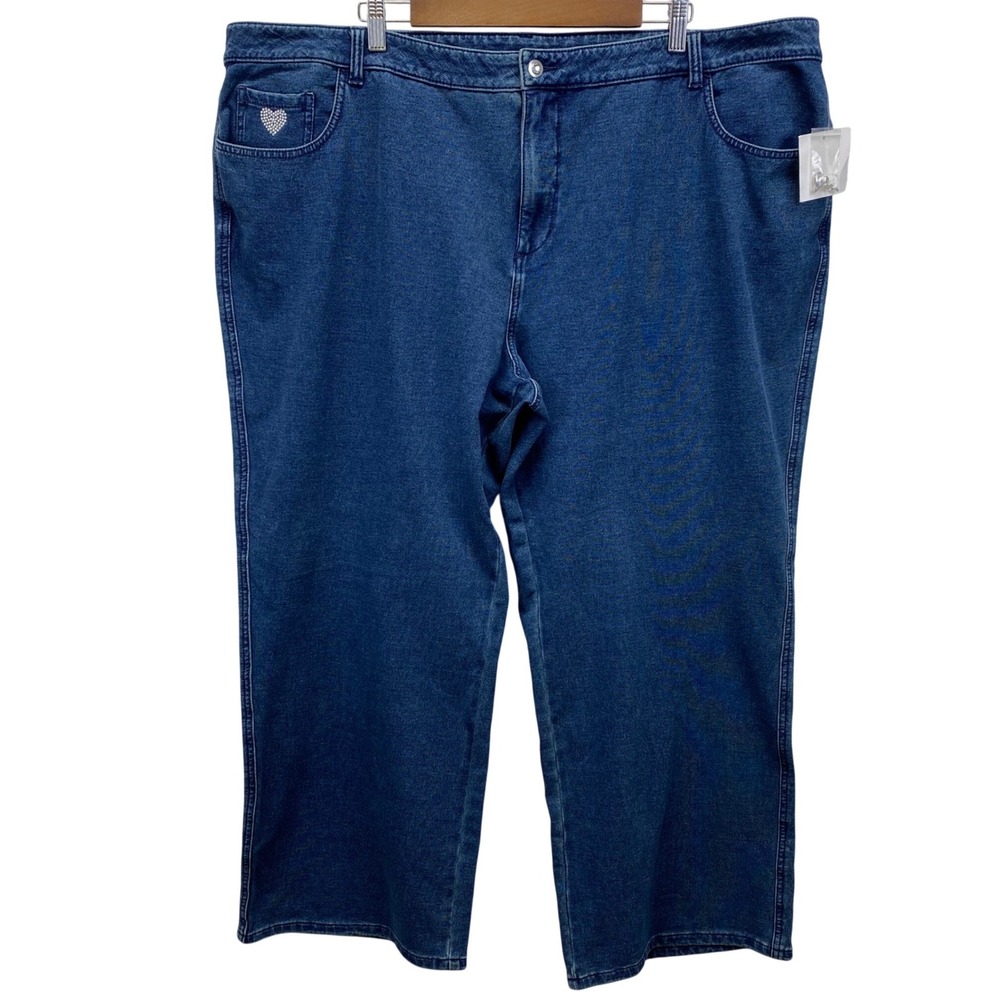 Quacker Factory DreamJeannes Denim Jeans 28W (48.5X28.5)Blue Rhinestone Heart.